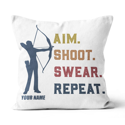 Funny Vintage Archery Aim Shoot Swear Repeat Custom Name White Pillow TDM0756
