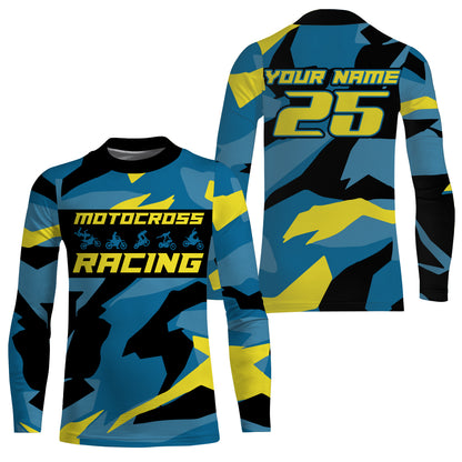 Blue camo custom motocross racing Jersey UPF30+ kids men women dirt bike long sleeves off-road NMS1037