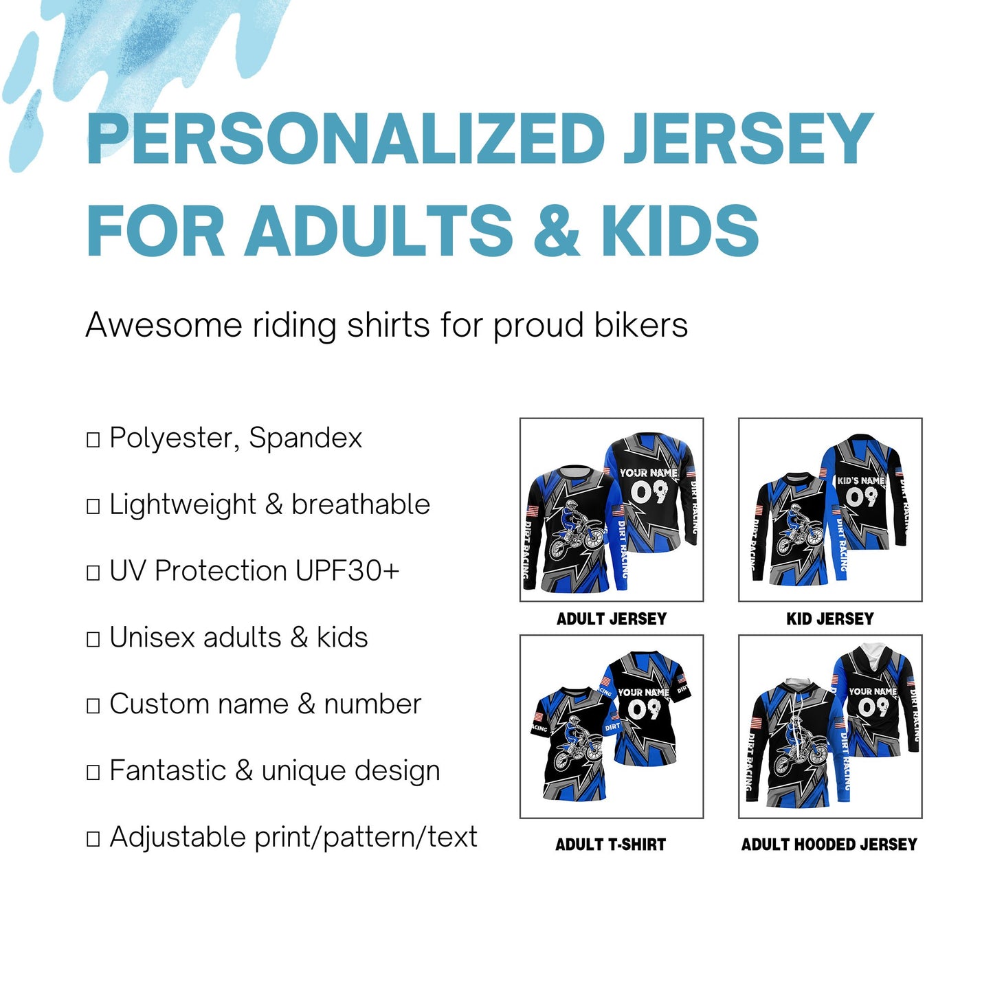 Flag American kid men women custom UPF30+ MX jersey blue dirt racing shirt motorcycle racewear PDT49