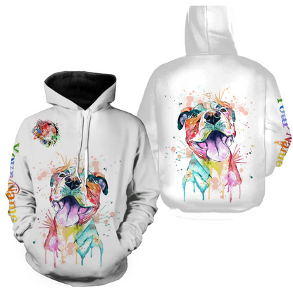 Watercolor Pitbull T-shirt Long Sleeve Hoodie| Custom Name Pitbull Terrier Lover Shirt| JTSD291