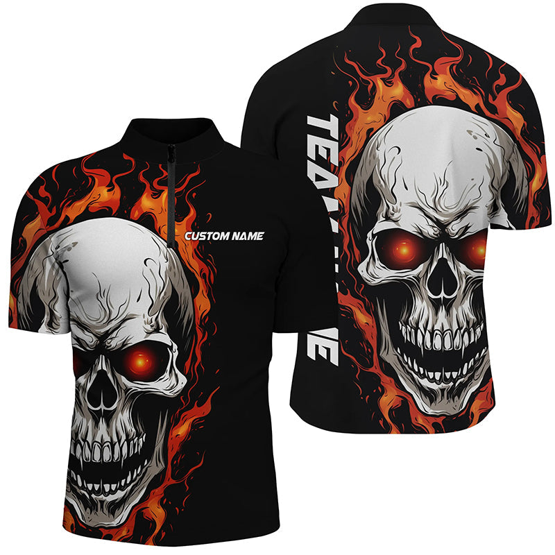 Orange Flame Skull Sport Jerseys, Custom Team Bowling Quarter Zip Shirts For Men, Bowler Outfits IPHW5272
