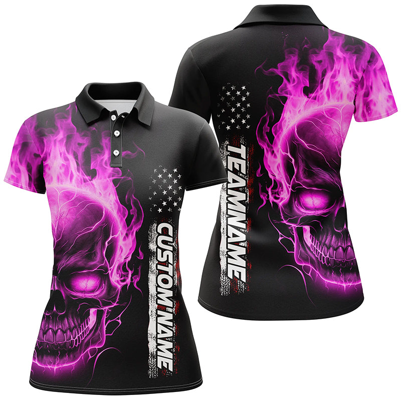 Pink Flame Skull Custom Bowling Polo Shirts For Women,  American Bowling Team Jerseys IPHW5279