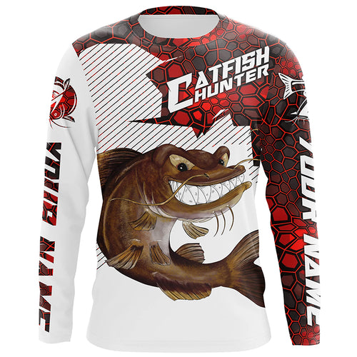 Angry Catfish Custom Long Sleeve Fishing Shirts, Catfish Hunter Fishing Jerseys | Red Camo IPHW4173