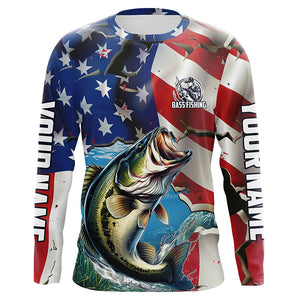 Personalized American Flag Bass Long Sleeve Fishing Shirts, Patriotic Bass Fisherman Jerseys IPHW6099