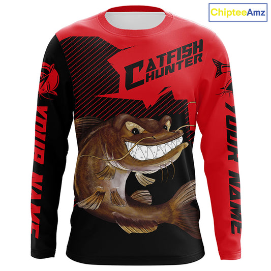 Angry Catfish Custom Long Sleeve Fishing Shirts, Catfish Hunter Fishing Jerseys | Black And Red IPHW4287