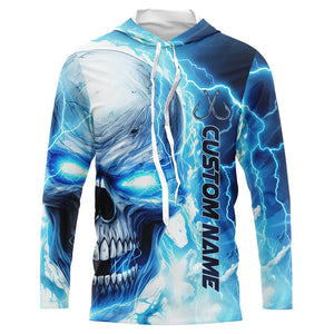 Blue Thunder Lightning Skull Custom Long Sleeve Fishing Shirts, Fish Hook Skull Fishing Jerseys IPHW5189