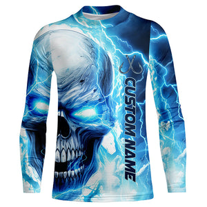 Blue Thunder Lightning Skull Custom Long Sleeve Fishing Shirts, Fish Hook Skull Fishing Jerseys IPHW5189