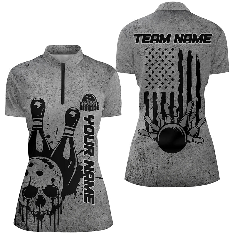Custom American Flag Skull Bowling Shirts For Women, Patriotic Team Bowling Jerseys IPHW5846
