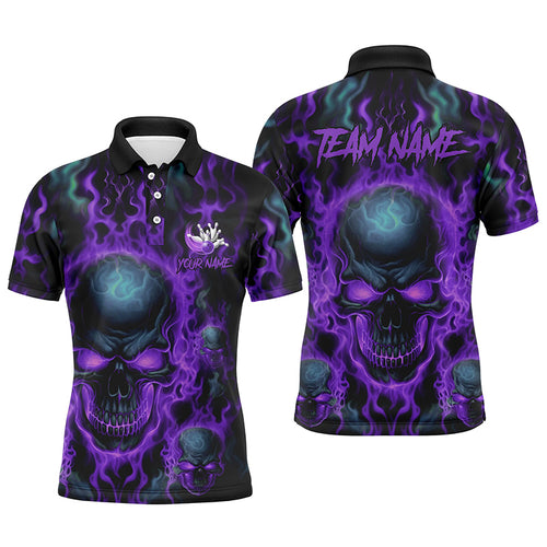 Custom Bowling Polo Shirts Men Purple Flame Skull Team Bowling Jerseys Halloween Bowler Outfits IPHW5380