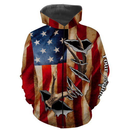 American Flag Deer Horn Hunting Shirts, Personalized Patriotic Hunting Gifts For Hunters - IPHW721