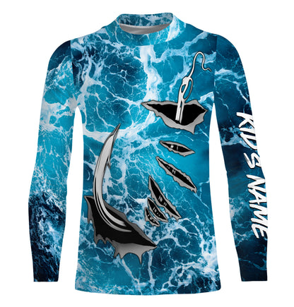 Fishing camo Fish hook Custom Long sleeve performance Fishing Shirts, sea waves camo Fishing jerseys IPHW2935