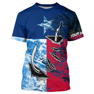 Texas Flag Fish Hook Custom Name Uv Long Sleeve Fishing Shirts With Ocean Waves Texture IPHW5067