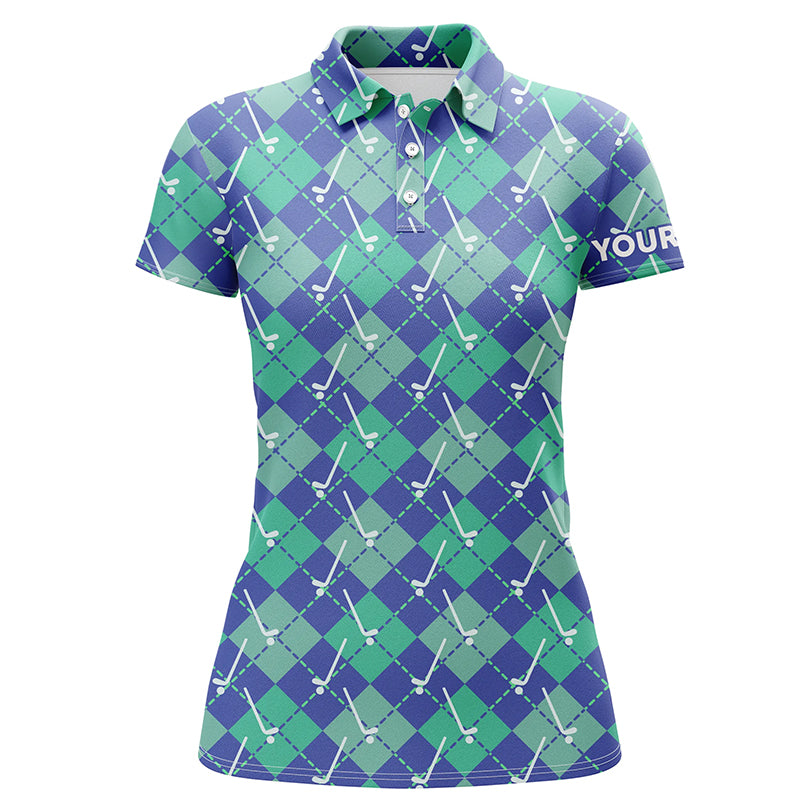 Green Blue argyle plaid pattern golf clubs custom Women golf polo shirt, ladies golf tops NQS6849