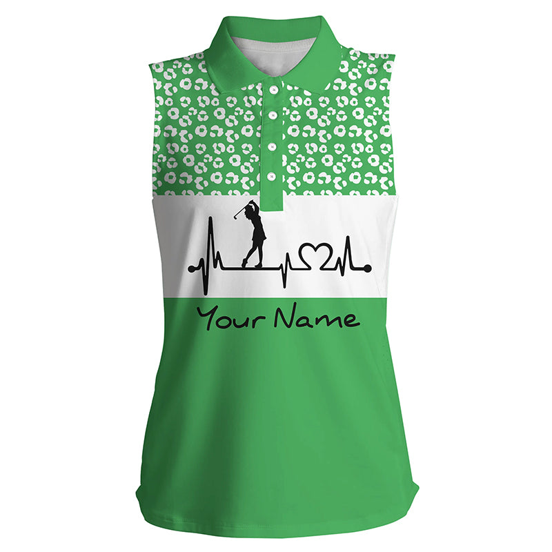 Women's sleeveless golf polo shirt golf heartbeat custom name leopard pattern golf shirt, golf gifts NQS4959
