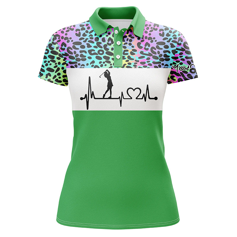 Womens golf polo shirt custom name rainbow gradient leopard golf heartbeat, golfing gifts for women NQS4961