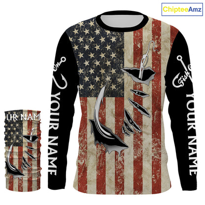 US Fishing Fish Hook American Flag patriotic UV protection custom long sleeves fishing apparel NQS1343