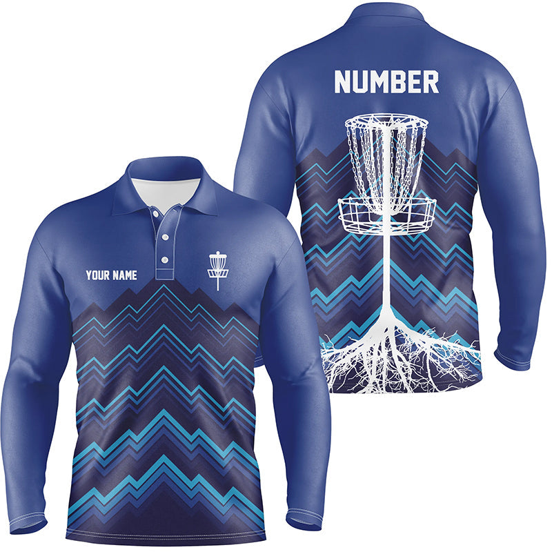 Mens Disc golf polo shirts custom blue pattern Disc Golf Basket Tree jerseys, disc golf shirt NQS6684