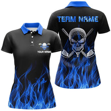 Load image into Gallery viewer, Black Womens golf polo shirt custom blue flame skull golf clubs, personalized golf gifts for women NQS6726