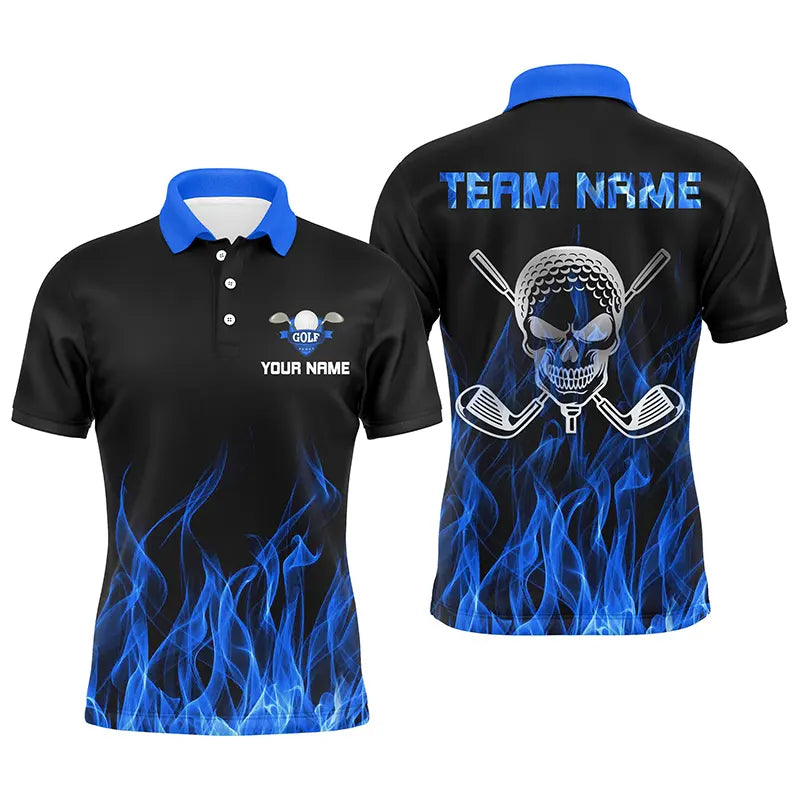 Black Mens golf polo shirts custom blue flame skull golf clubs, personalized golf gifts for men NQS6726