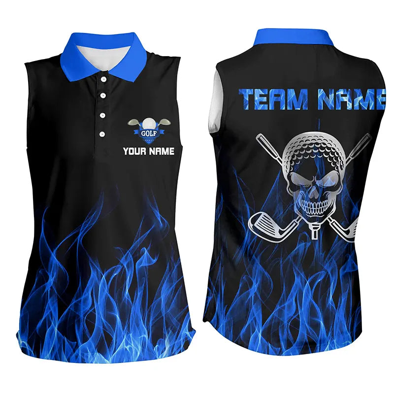 Black Women sleeveless polo shirt custom blue flame skull golf club, personalized golf gifts for women NQS6726