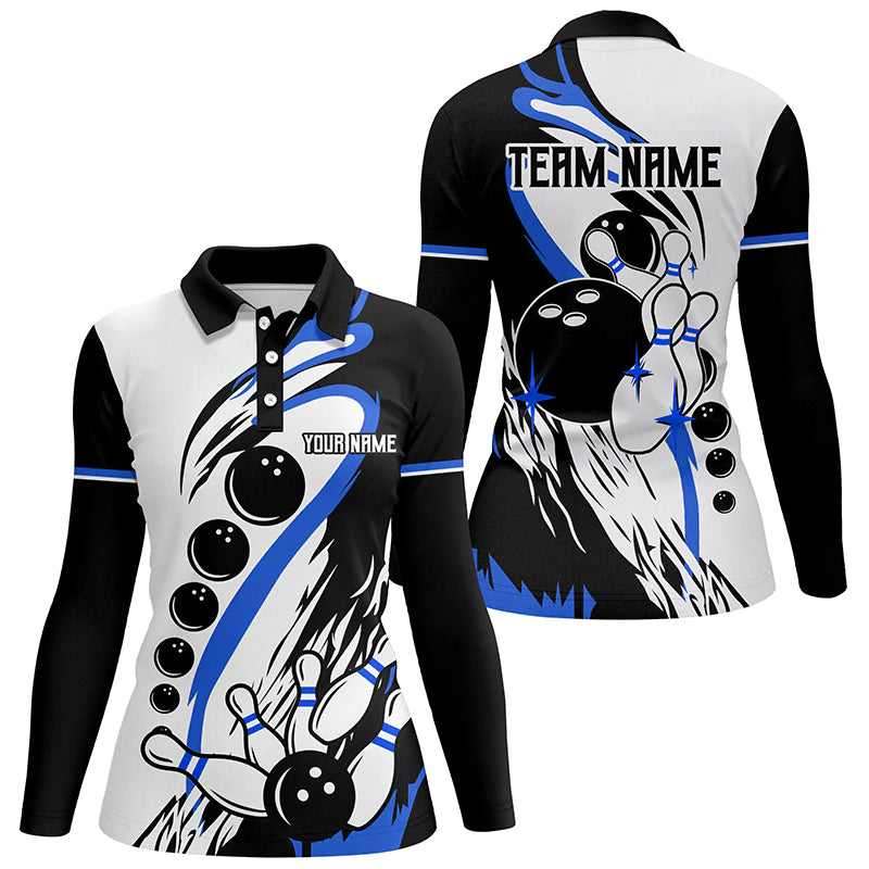 Black and white retro bowling league jerseys custom Women Bowling Polo Shirts, gifts for bowler | Blue NQS7154