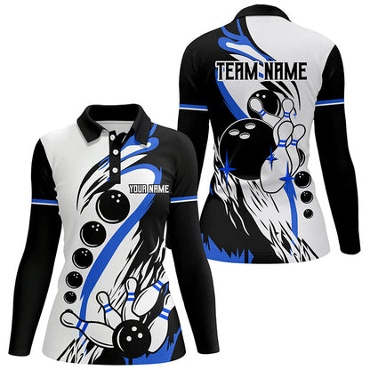 Black and white retro bowling league jerseys custom Women Bowling Polo Shirts, gifts for bowler | Blue NQS7154