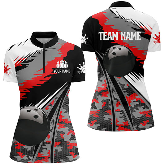 Womens bowling Quarter Zip shirts Custom black ball red camo Bowling Team Jersey, gift for Bowlers NQS6571