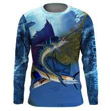 Load image into Gallery viewer, Sailfish fishing blue deep sea Custom UPF fishing Shirts jersey, custom fishing shirts with hood NQS3218
