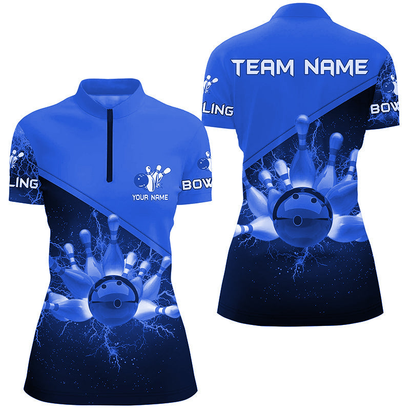 Womens Quarter Zip shirt Custom blue lightning thunder Bowling Team Jersey, gift for team Bowlers NQS6620