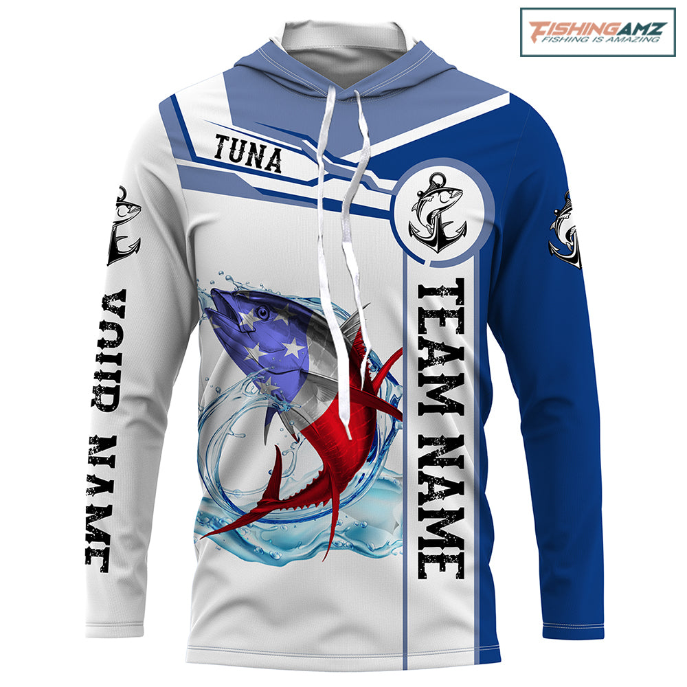 Tuna Fishing crew American Flag Customize name and team name performance Long Sleeve Fishing Shirts, Patriotic Fishing gifts NQS2383