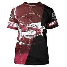 Load image into Gallery viewer, Catfish Fishing tattoo red camo lightning black Custom name performance long sleeve fishing shirts NQS5292