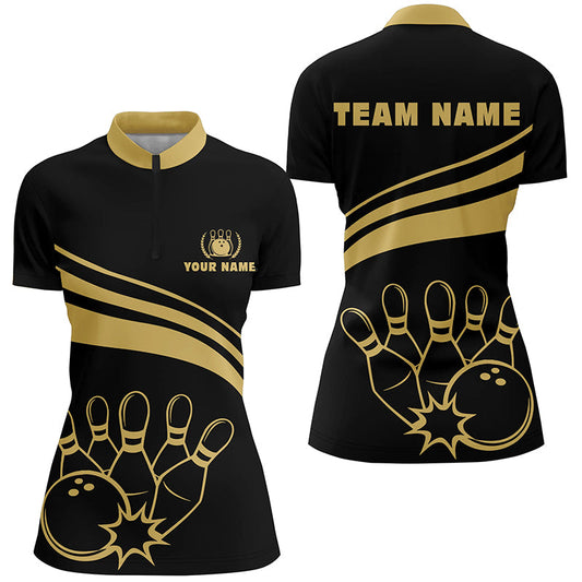 Personalized bowling Quarter Zip shirts for women, gold womens bowling shirts team bowl jersey | Black NQS6708