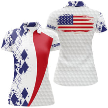 Load image into Gallery viewer, Womens golf polos shirts custom American flag red white blue argyle pattern white golf ball womens top NQS6474