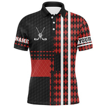 Load image into Gallery viewer, Black and red argyle pattern Mens golf polo shirts custom golfing gifts, best mens golf tops NQS7089