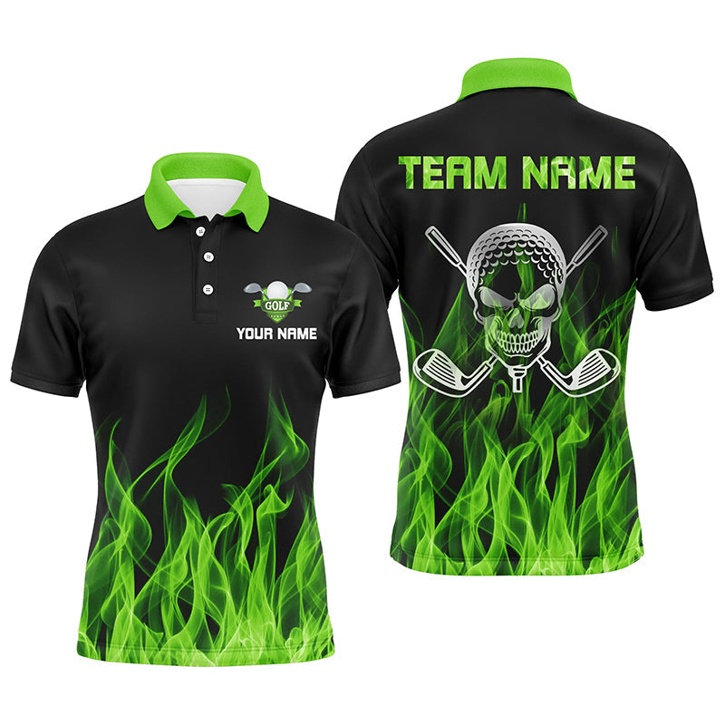 Black Mens golf polo shirts custom green flame skull golf clubs, personalized golf gifts for men NQS6259