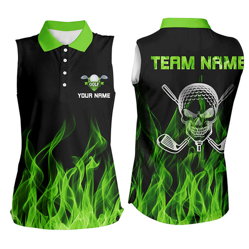 Black Women sleeveless polo shirt custom green flame skull golf clubs, golf gifts for women NQS6259