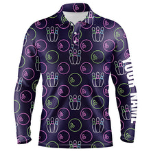 Load image into Gallery viewer, Purple Neon Bowling seamless pattern Custom Mens bowling polo shirts, bowling team league jerseys NQS6762