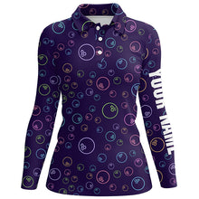 Load image into Gallery viewer, Purple Neon Bowling ball glowing pattern Custom Women bowling polo shirt, bowling team league jerseys NQS6764
