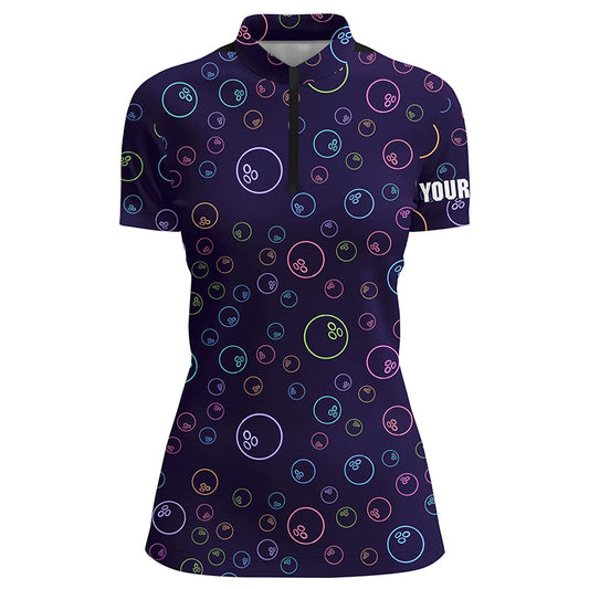 Purple Neon Bowling ball glowing pattern Custom Women bowling Quarter Zip shirt team league jerseys NQS6764