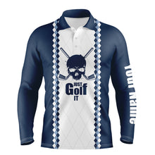 Load image into Gallery viewer, Just golf it Mens golf polo shirt blue and white golf skull custom name golf gifts for men NQS4332