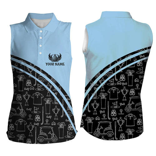 Womens sleeveless polo shirt custom black pattern short sleeve golf shirts, golf gift for her | Blue NQS5242