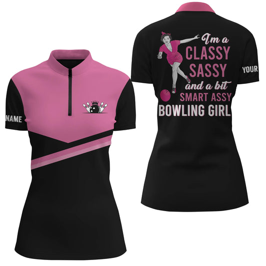 Custom pink bowling shirt for women – personalized team jersey front view
