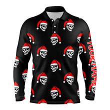 Load image into Gallery viewer, Black Mens golf polo shirt custom Skull Santa Christmas pattern golf shirt for men, golf gifts NQS6654