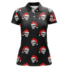 Load image into Gallery viewer, Black Womens golf polo shirt custom Skull Santa Christmas pattern golf shirt for women, golf gifts NQS6654