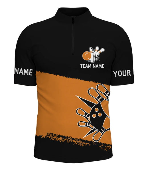 Custom Black orange bowling shirt for men – personalized team jersey front view