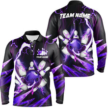 Load image into Gallery viewer, Flame lightning thunder bowling ball and pins jerseys Custom Team Bowling Polo Shirts For Men | Purple NQS6550