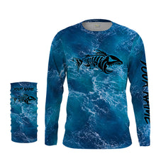 Load image into Gallery viewer, Custom blue ocean fish bone Saltwater Long sleeve Fishing Shirts UV Protection, Sea wave camo Fishing Shirts - NQS2079