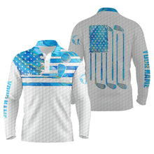 Load image into Gallery viewer, Blue watercolor American flag patriotic Men golf polo shirts custom name white golf polo shirt mens NQS4881