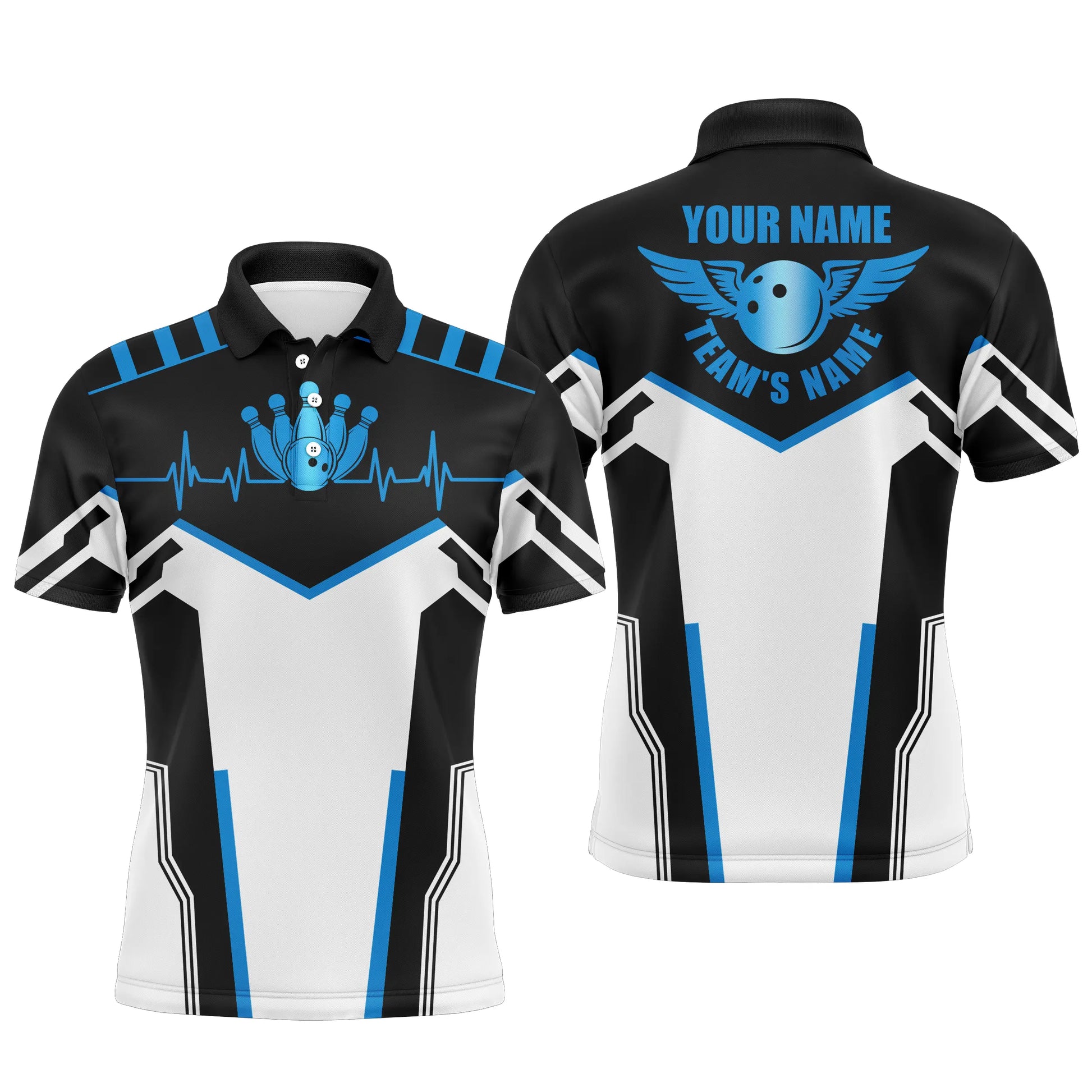 Custom Black white bowling shirt for men – personalized team jersey front view