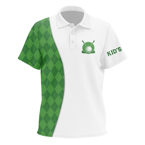 White Kid golf polos shirts custom green argyle plaid pattern golf tops, golf apparel for Kid NQS7291